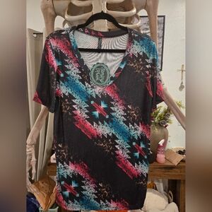 Aztec V-Neck Short Sleeve Top - Black, Pink, and Blue